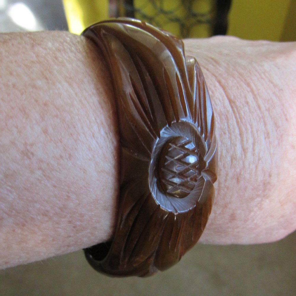 Vintage Carved Brown Multi Color Wide Bakelite Bangle